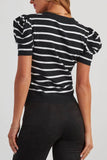 Stripe Ribbed Bubble Sleeve Top with Round Neck and Trim - EBYNN