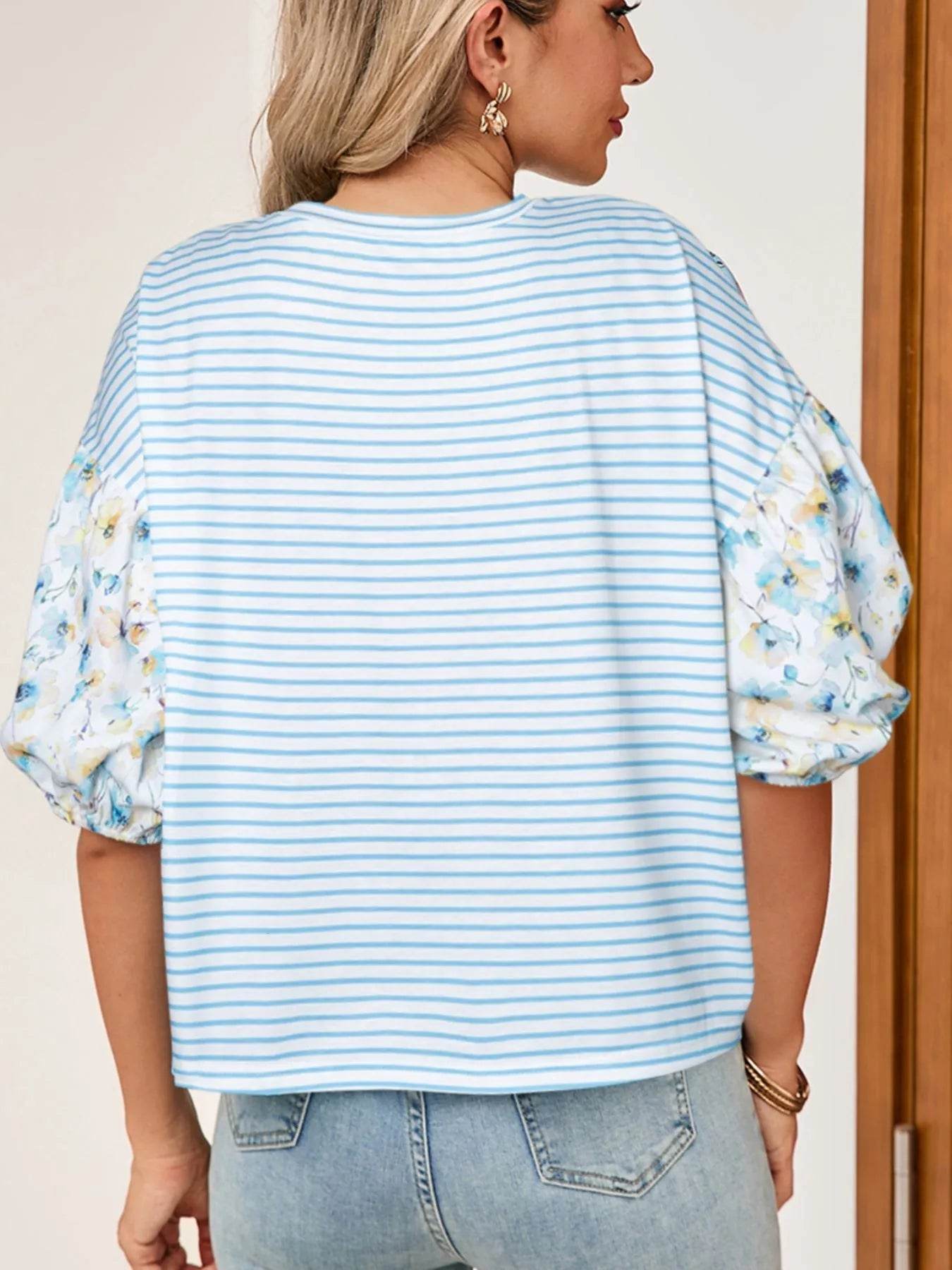 Women's Striped Floral Sleeve Ruffled V Neck Top Casual Blouse - EBYNN