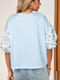 Women's Striped Floral Sleeve Ruffled V Neck Top Casual Blouse - EBYNN