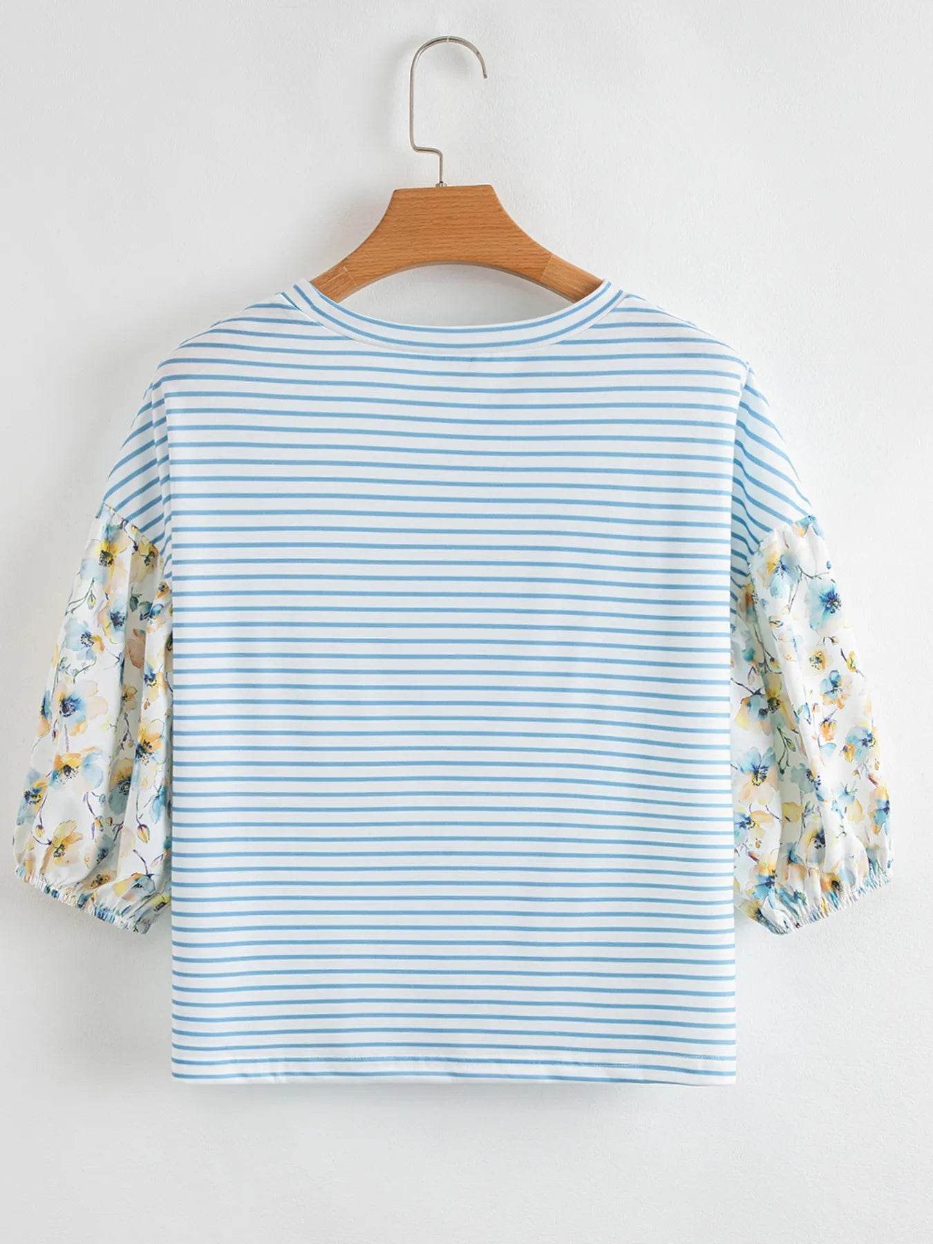 Women's Striped Floral Sleeve Ruffled V Neck Top Casual Blouse - EBYNN