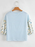 Women's Striped Floral Sleeve Ruffled V Neck Top Casual Blouse - EBYNN