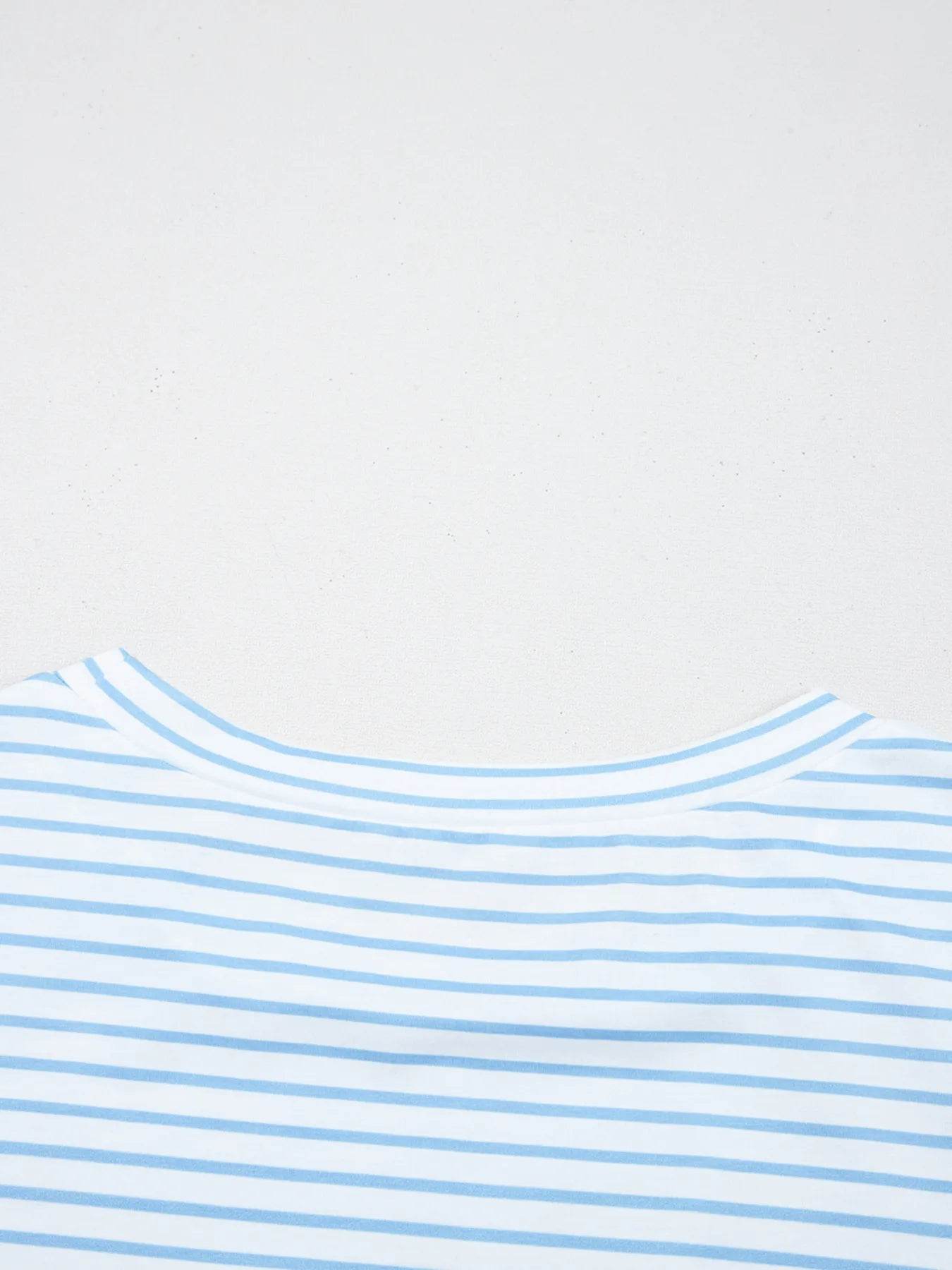 Women's Striped Floral Sleeve Ruffled V Neck Top Casual Blouse - EBYNN