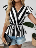 Striped Wrap Blouse with Flutter Sleeves - Stylish Surplice Design - EBYNN