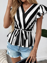 Striped Wrap Blouse with Flutter Sleeves - Stylish Surplice Design - EBYNN