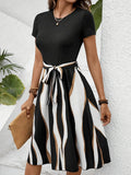 Striped Short Sleeve Tie Waist Dress.
