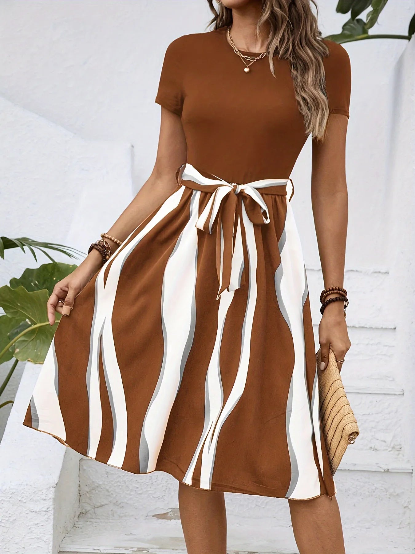 Striped Short Sleeve Tie Waist Dress.