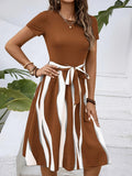 Striped Short Sleeve Tie Waist Dress.