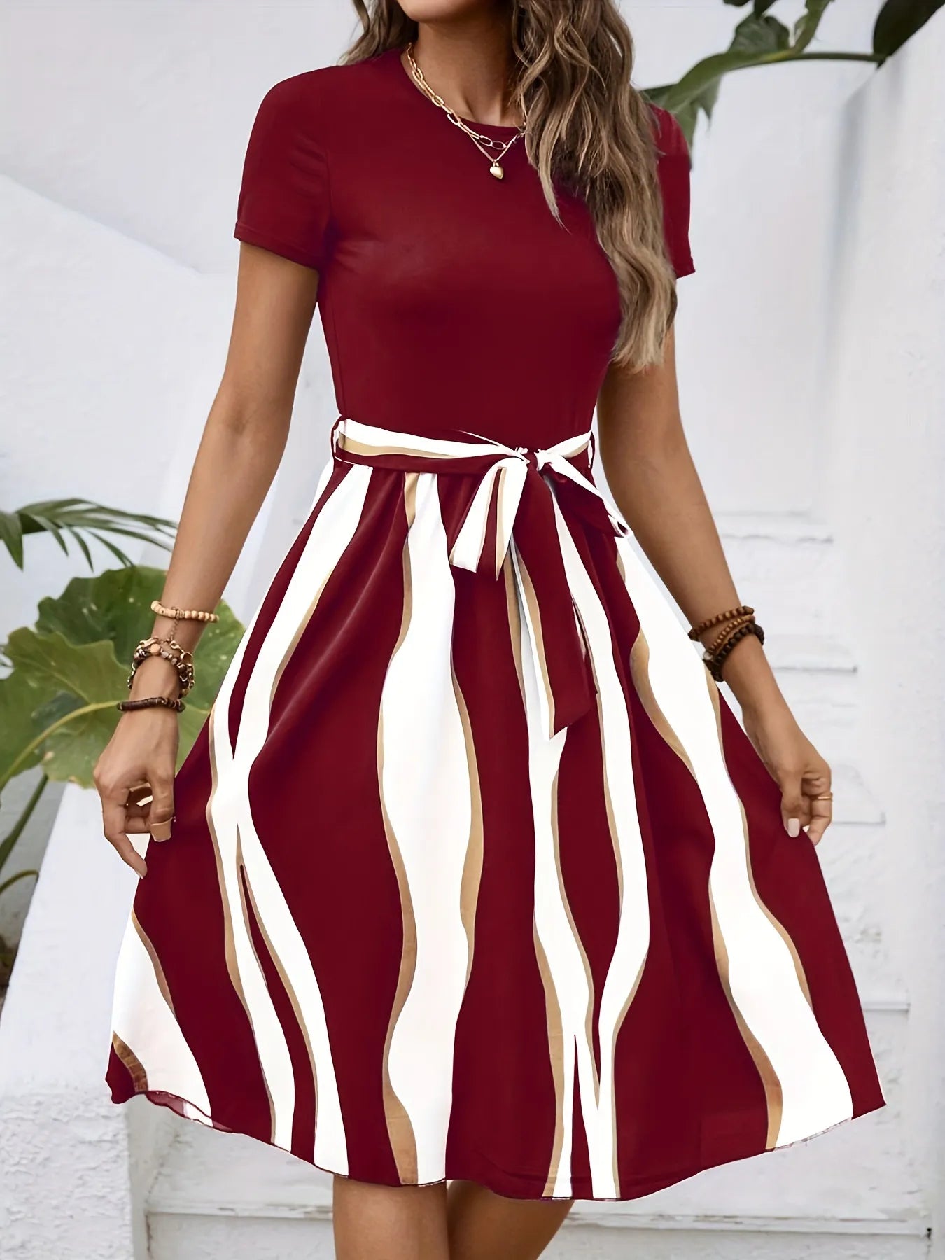 Striped Short Sleeve Tie Waist Dress.