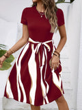Striped Short Sleeve Tie Waist Dress.