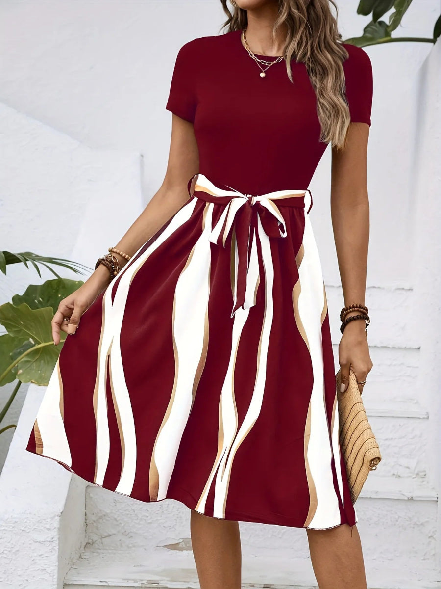 Striped Short Sleeve Tie Waist Dress.