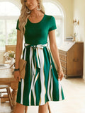 Striped Short Sleeve Tie Waist Dress.