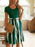 Striped Short Sleeve Tie Waist Dress.