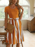 Trendsi striped tie waist dress with orange top and vertical white and orange stripes on skirt