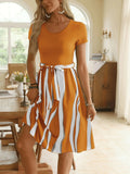 Trendsi orange dress with striped tie waist dress featuring short sleeves and flowy skirt