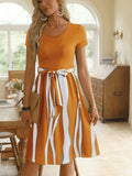 Trendsi striped tie waist dress with orange top and striped skirt detail for casual wear