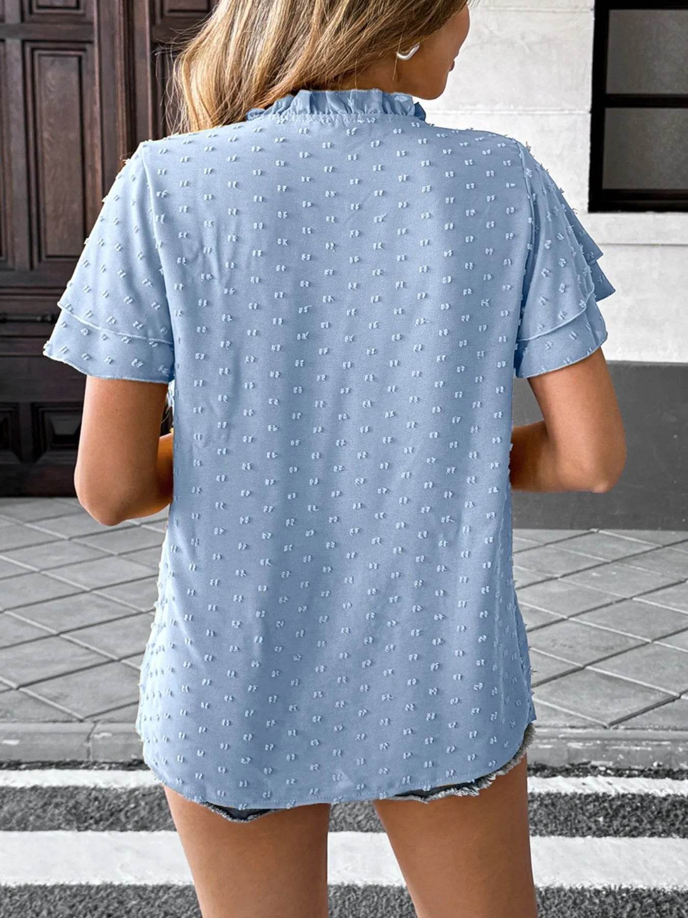 Swiss Dot Blouse with Flutter Sleeves for Effortless Style - EBYNN