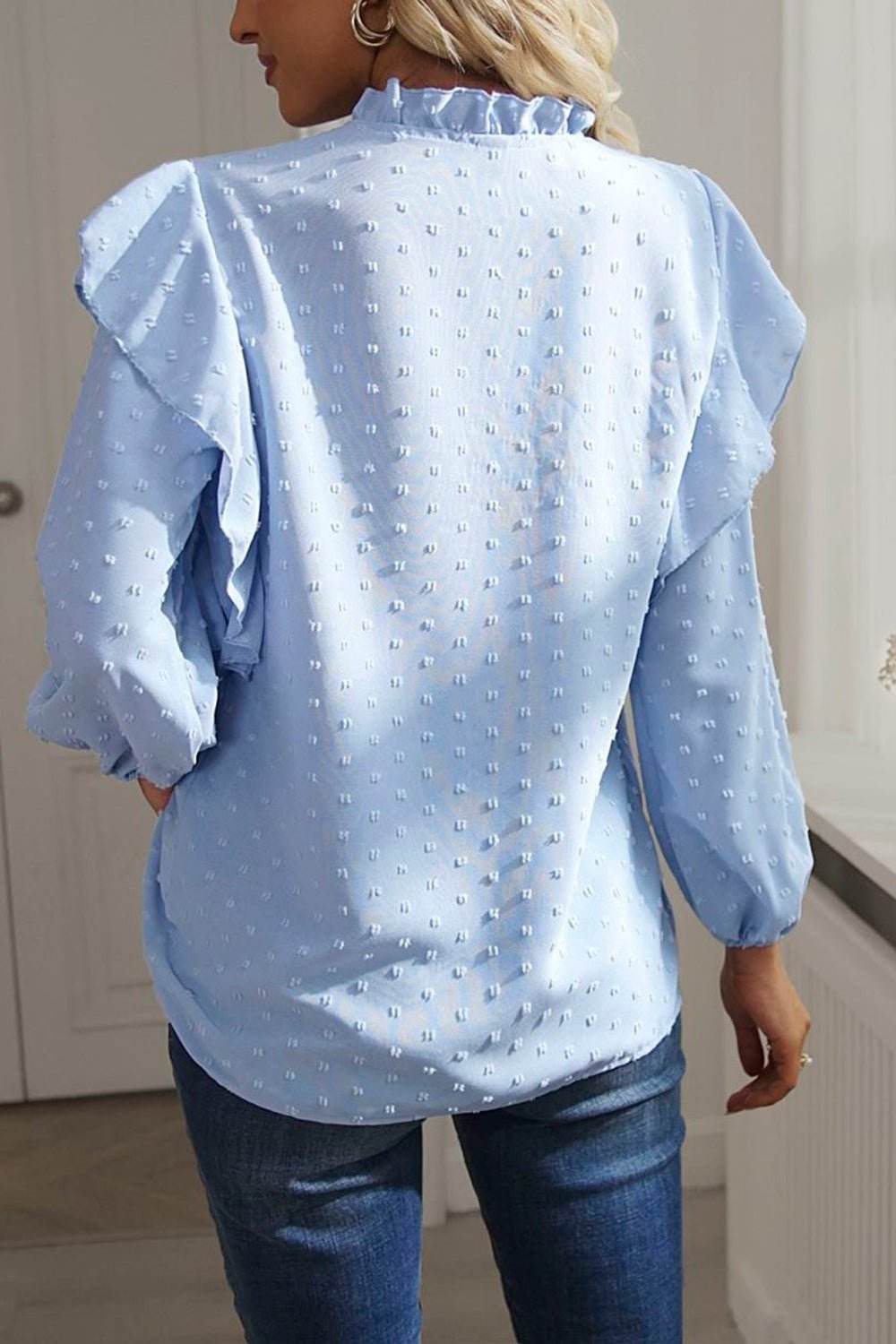 Swiss Dot Ruffled Blouse with Long Sleeves - Stylish and Elegant - EBYNN