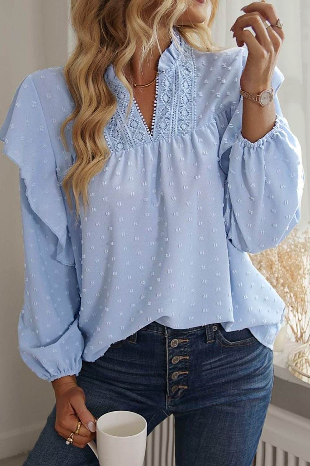 Swiss Dot Ruffled Blouse with Long Sleeves - Stylish and Elegant - EBYNN