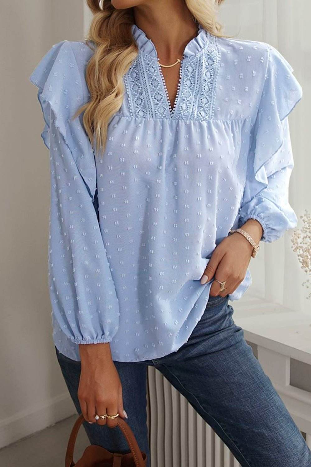Swiss Dot Ruffled Blouse with Long Sleeves - Stylish and Elegant - EBYNN