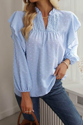 Swiss Dot Ruffled Blouse with Long Sleeves - Stylish and Elegant - EBYNN