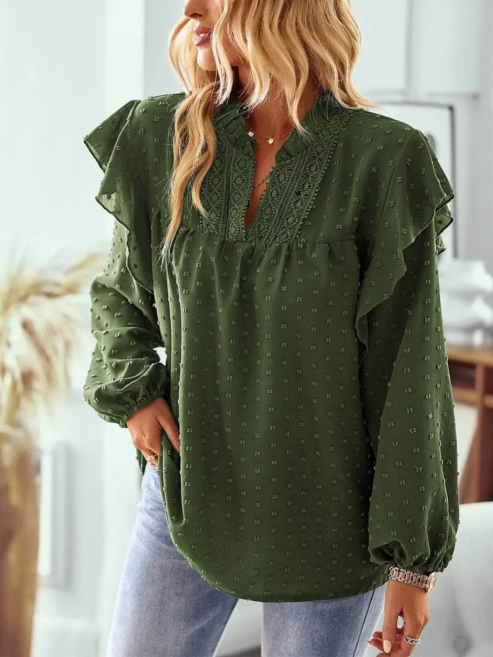 Swiss Dot Ruffled Blouse with Long Sleeves - Stylish and Elegant - EBYNN
