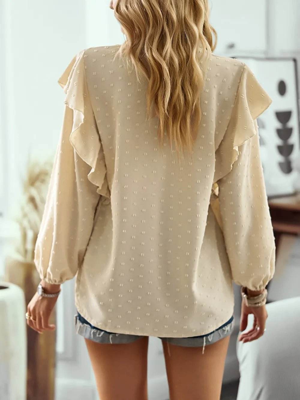 Swiss Dot Ruffled Blouse with Long Sleeves - Stylish and Elegant - EBYNN