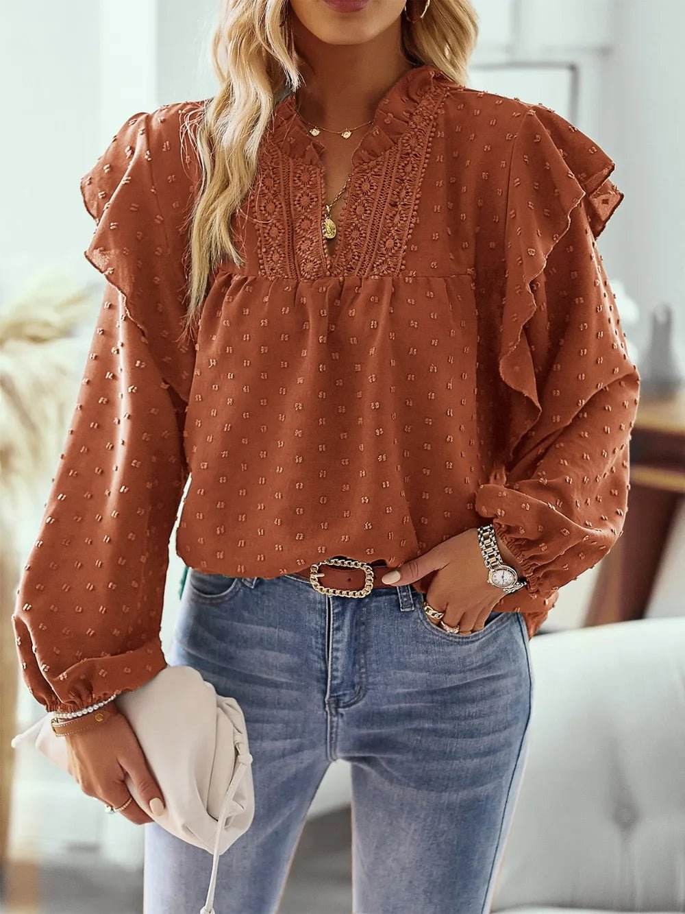 Swiss Dot Ruffled Blouse with Long Sleeves - Stylish and Elegant - EBYNN