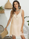 Trendsi tassel scoop neck cover-up in light beige with crochet detailing and playful tassel hem