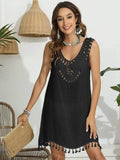 Trendsi tassel scoop neck cover-up in black with intricate crochet detailing and tassel hem