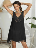 Black tassel scoop neck cover-up with crochet detailing and tassel hem for beachwear fashion
