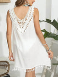Trendsi White Tassel Scoop Neck Cover-Up with Crochet Back Detail for Beachwear