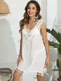 Trendsi white tassel scoop neck cover-up with crochet detailing and fringe hem for summer beachwear