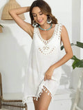 White tassel scoop neck cover-up with crochet detailing and fringe for beachwear