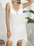 Trendsi White Tassel Scoop Neck Cover-Up with Crochet Detail for Beach Wear