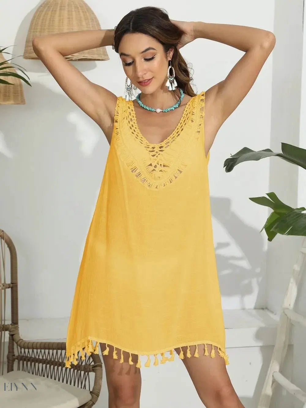 Trendsi tassel scoop neck cover-up in yellow with intricate crochet details and tasseled hem