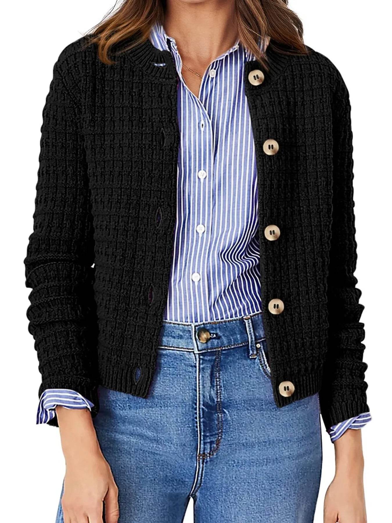 Textured Knit Cardigan - Button-Front Style for Effortless Elegance - EBYNN