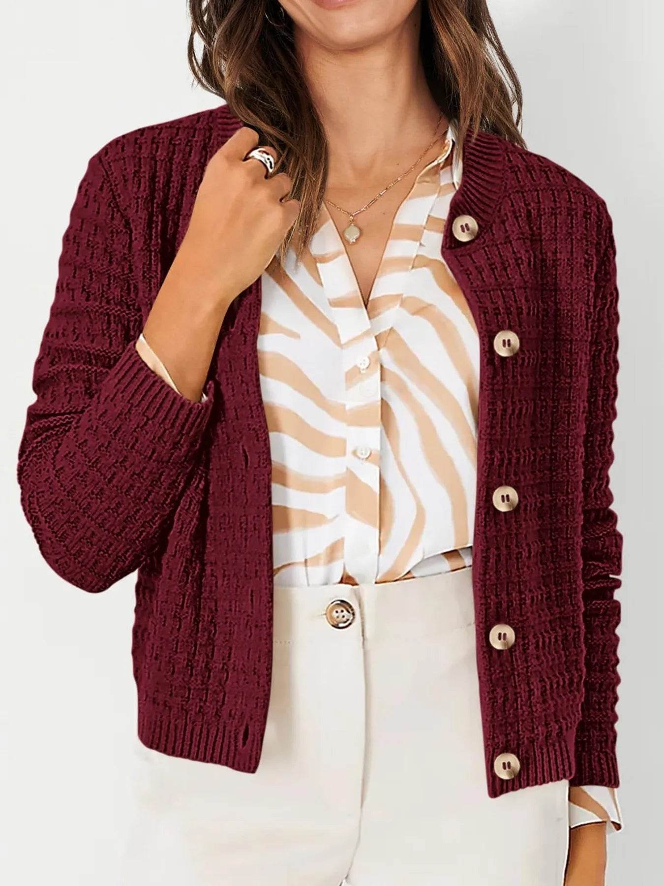 Textured Knit Cardigan - Button-Front Style for Effortless Elegance - EBYNN