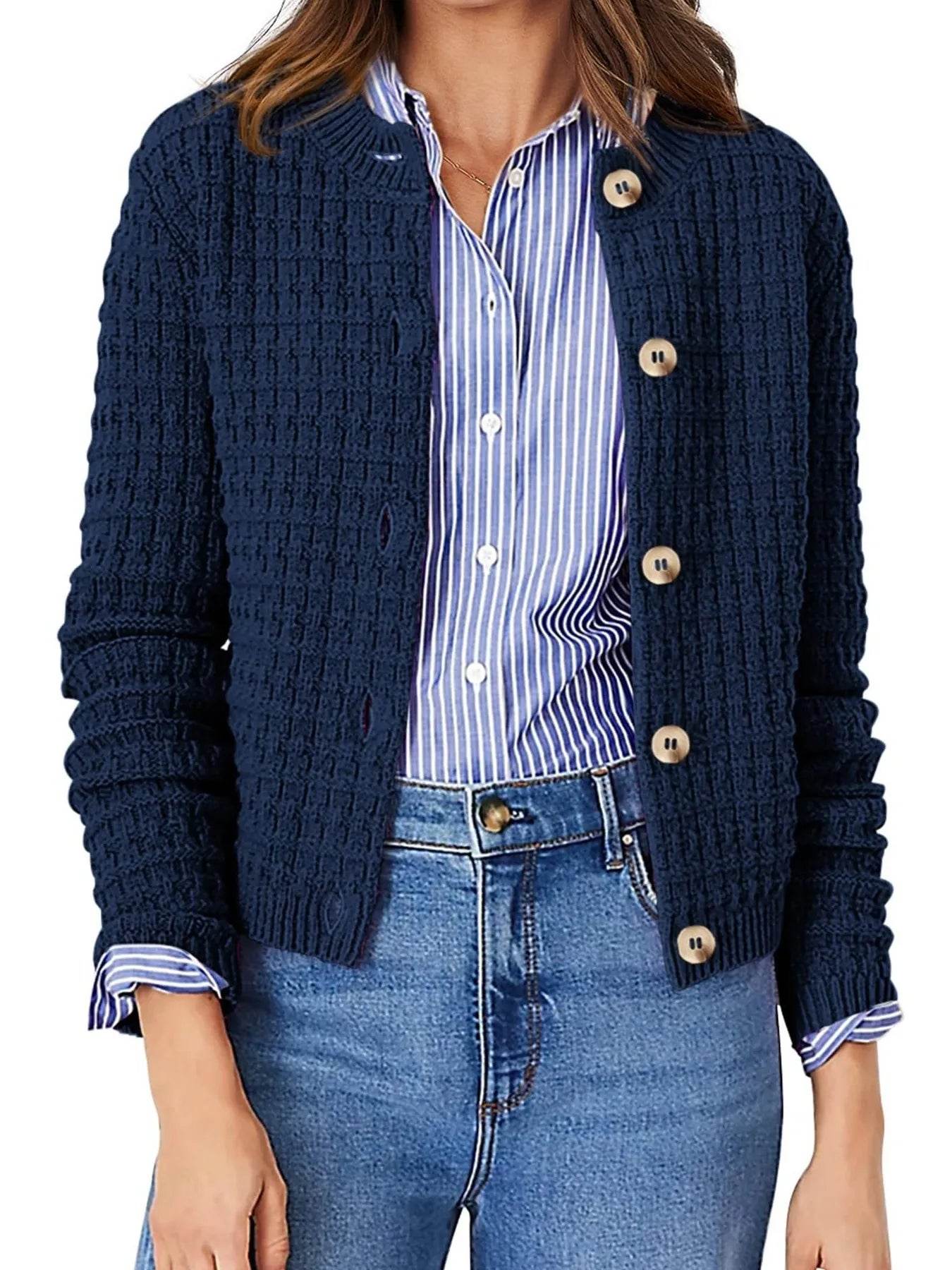 Textured Knit Cardigan - Button-Front Style for Effortless Elegance - EBYNN