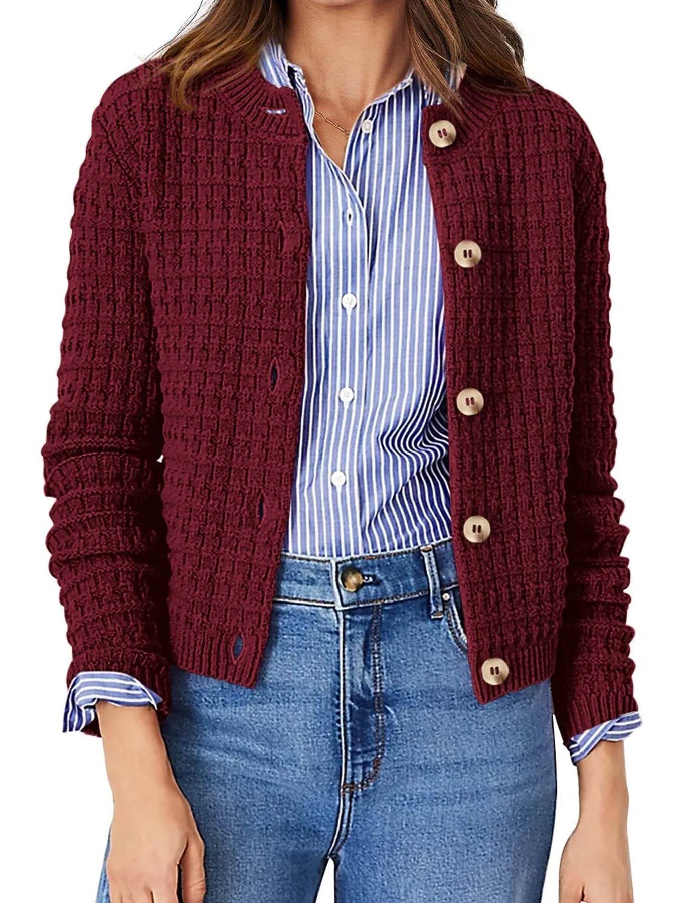 Textured Knit Cardigan - Button-Front Style for Effortless Elegance - EBYNN