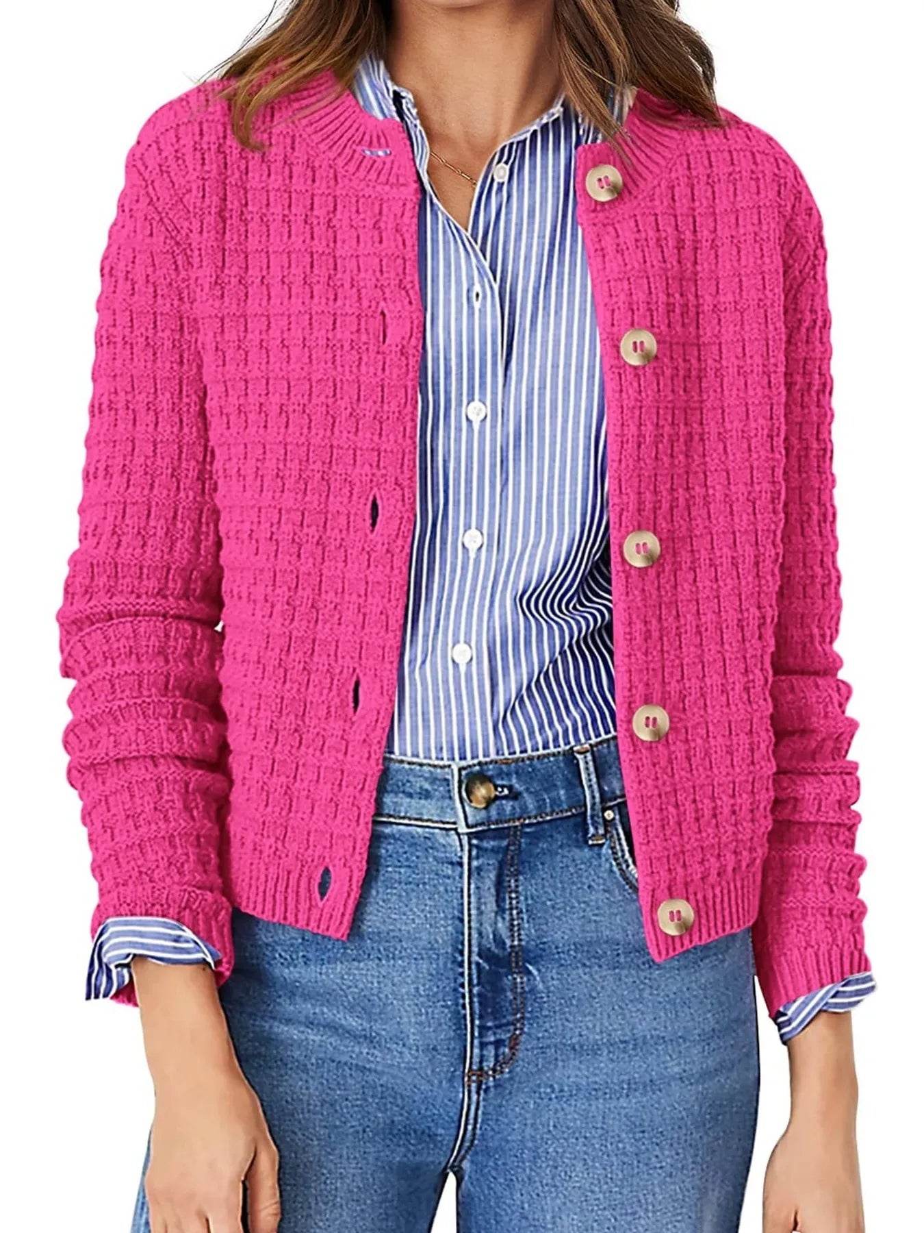 Textured Knit Cardigan - Button-Front Style for Effortless Elegance - EBYNN