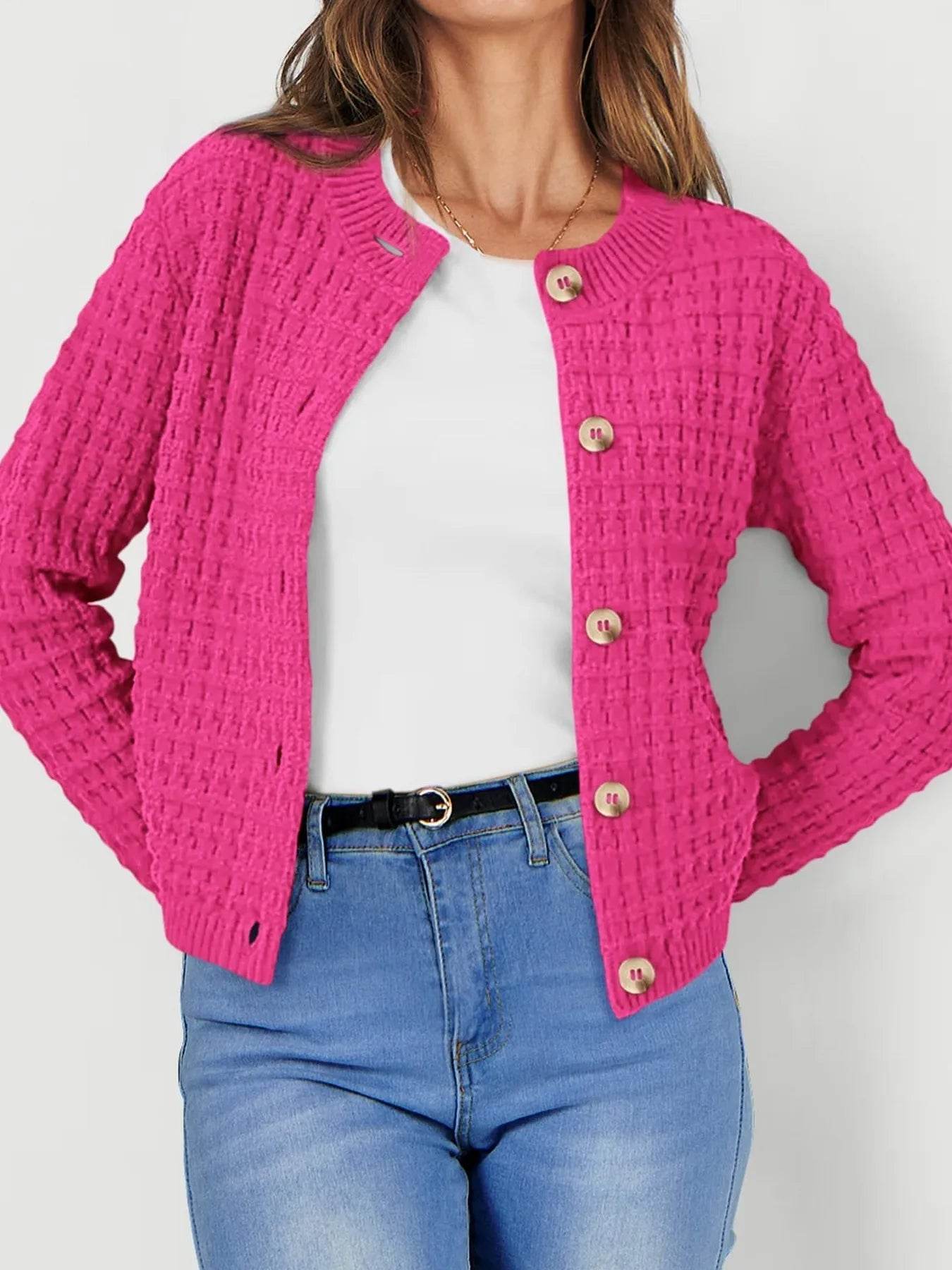 Textured Knit Cardigan - Button-Front Style for Effortless Elegance - EBYNN