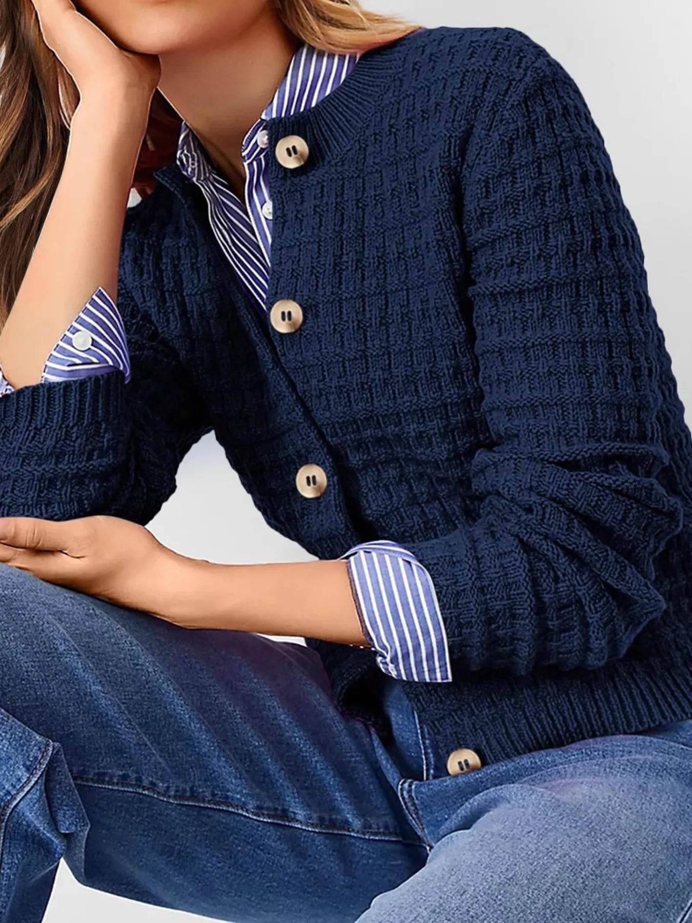 Textured Knit Cardigan - Button-Front Style for Effortless Elegance - EBYNN