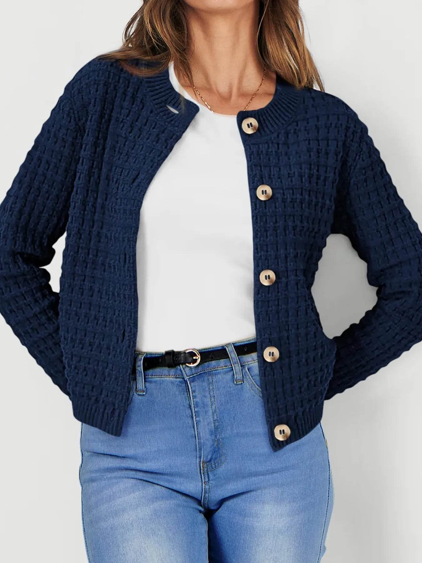 Textured Knit Cardigan - Button-Front Style for Effortless Elegance - EBYNN