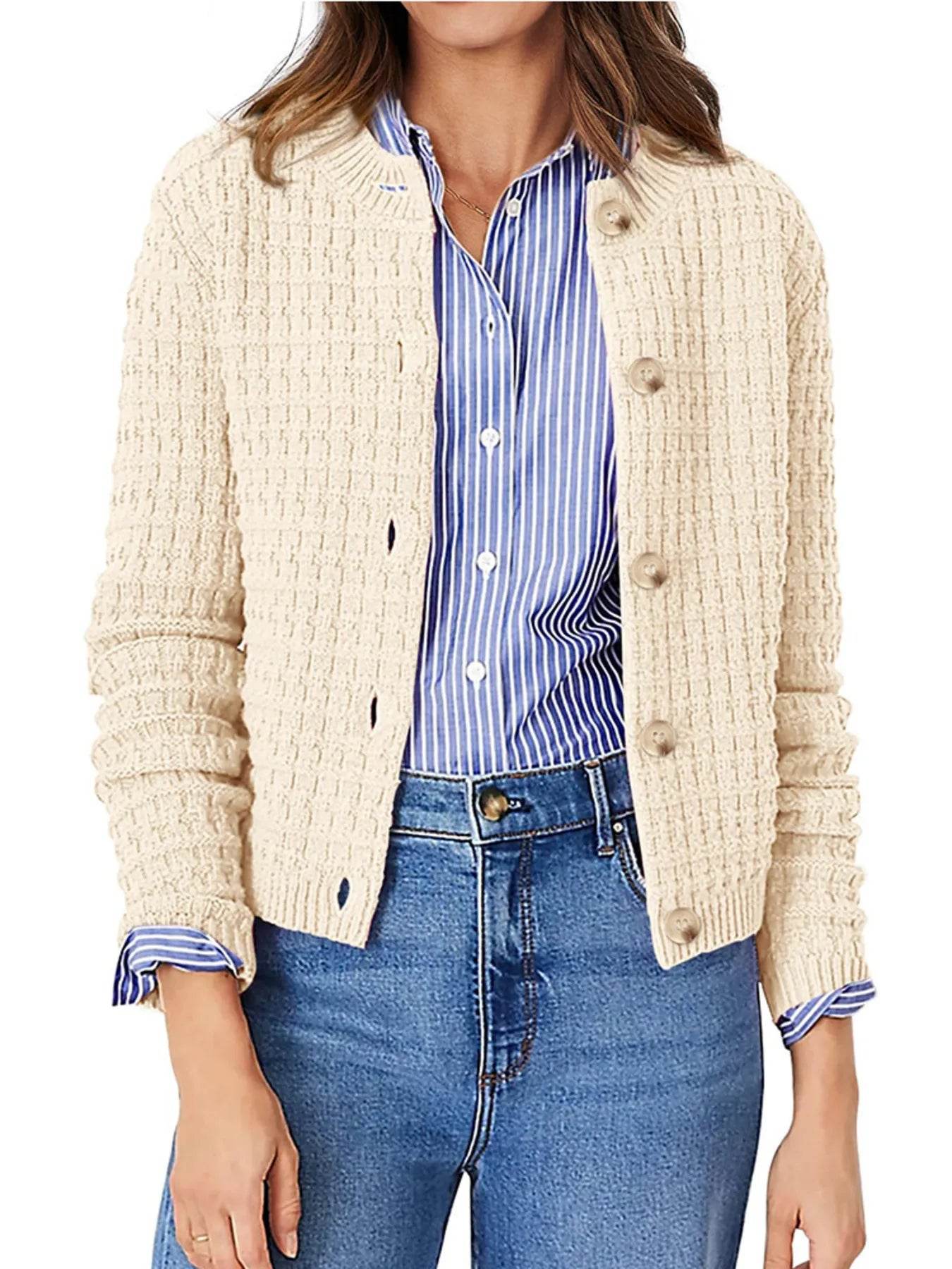 Textured Knit Cardigan - Button-Front Style for Effortless Elegance - EBYNN