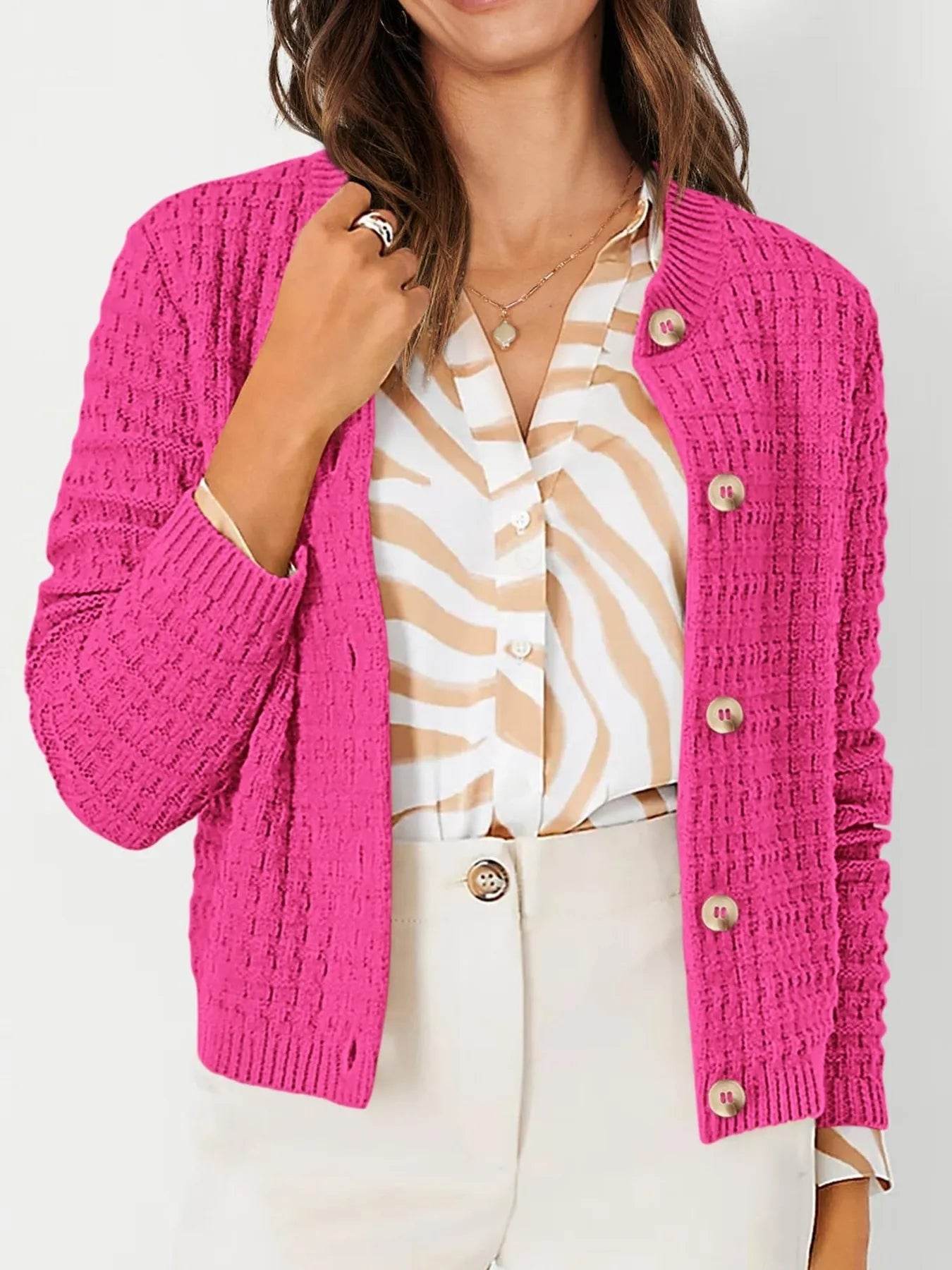 Textured Knit Cardigan - Button-Front Style for Effortless Elegance - EBYNN