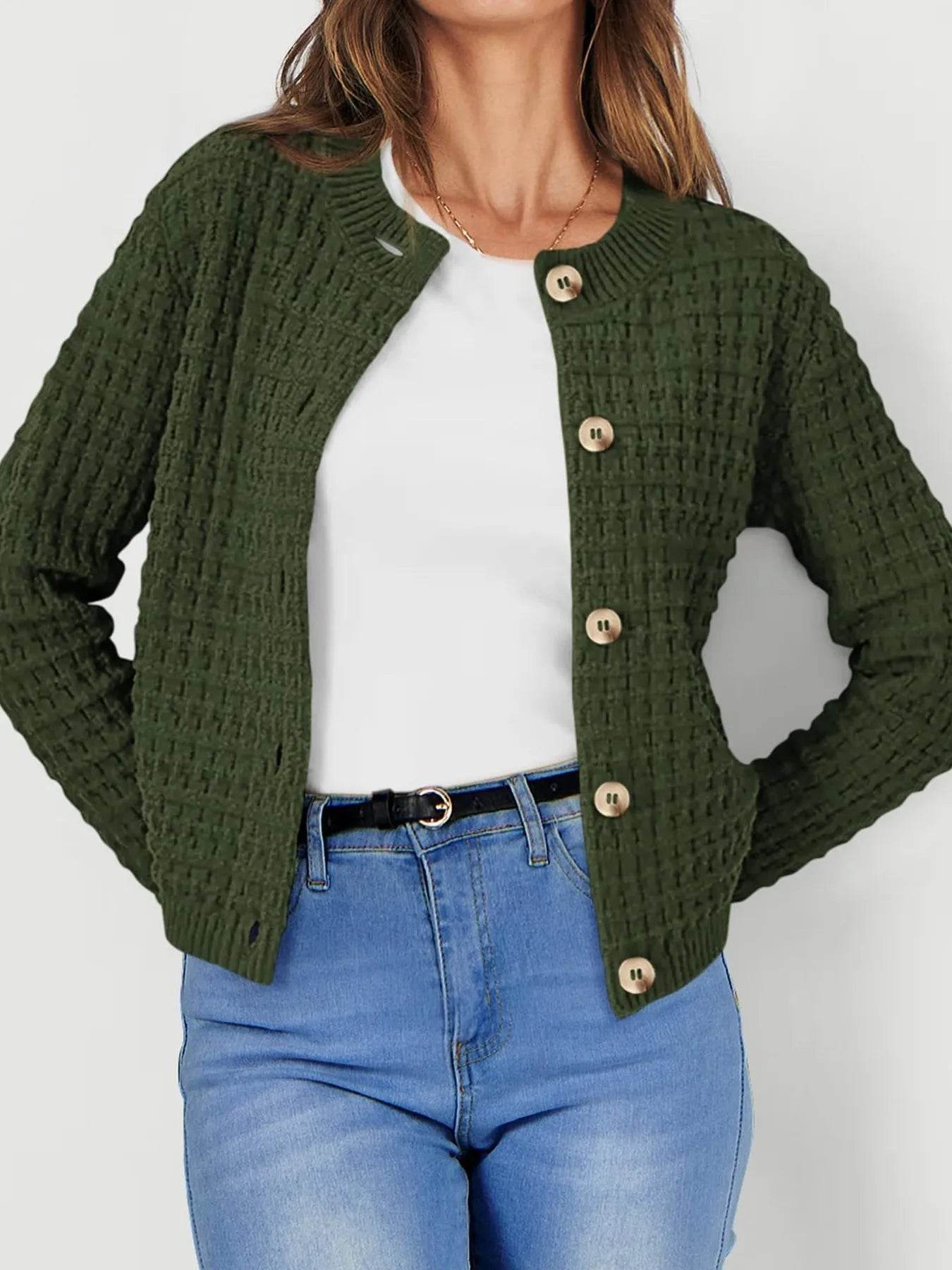 Textured Knit Cardigan - Button-Front Style for Effortless Elegance - EBYNN