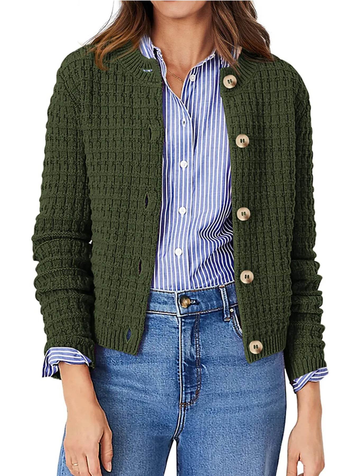 Textured Knit Cardigan - Button-Front Style for Effortless Elegance - EBYNN