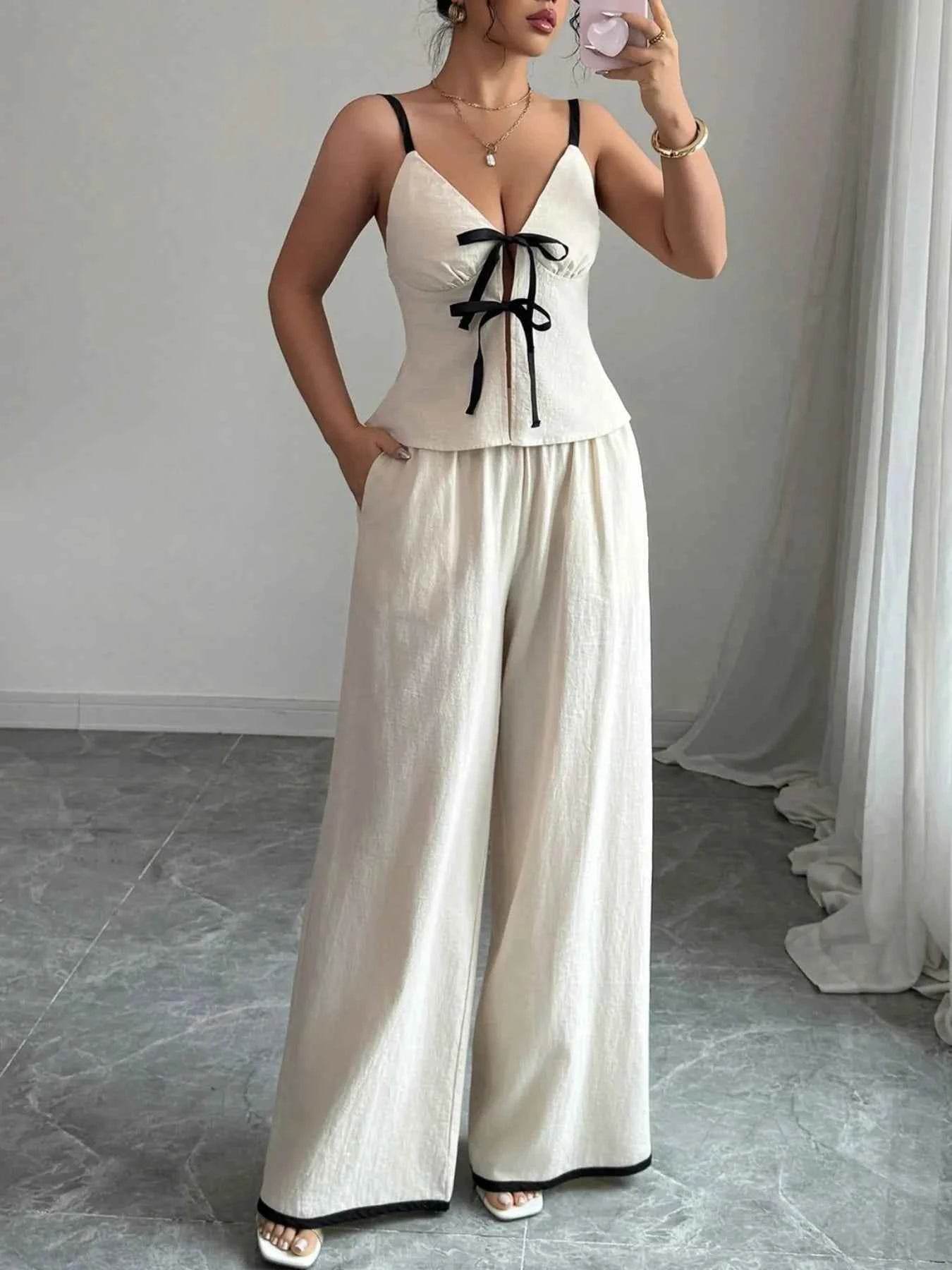Tie Front Cami Pants Set - Elegant Summer Outfit - EBYNN