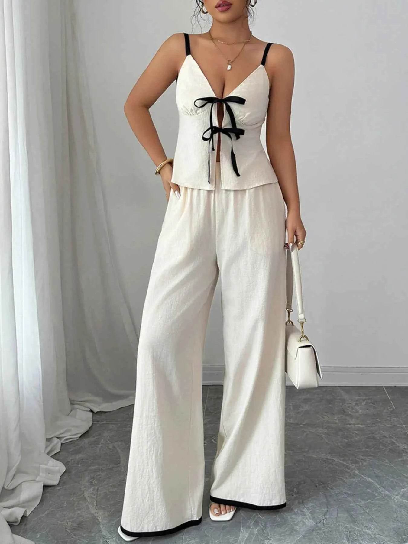 Tie Front Cami Pants Set - Elegant Summer Outfit - EBYNN