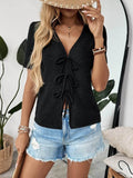 Tie Front Blouse - Stylish V-Neck Top for Effortless Chic - EBYNN